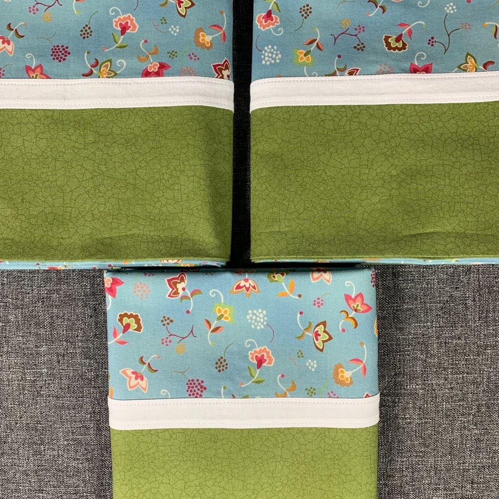 3 Homemade Floral Pillowcases Green Border White Trim Standard/Queen